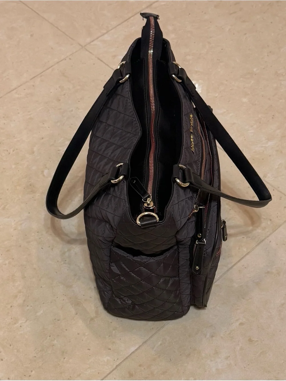 Adrienne Vittadini Quilted Black Tote Bag with Top Handles. Very Good Condition